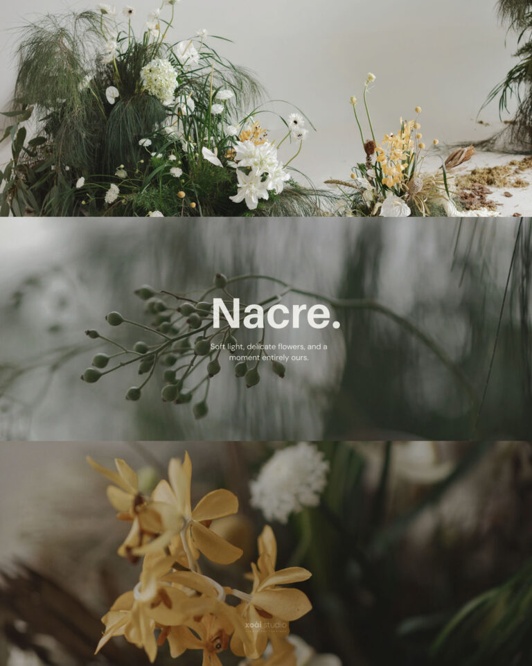 Bố cục ghép hoa và ánh sáng trong album Anh và Thịnh với chữ Nacre.