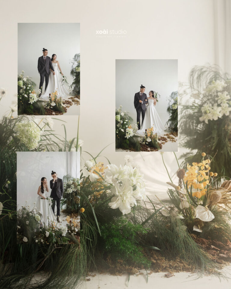 Ảnh kết album ghép các khoảnh khắc Anh và Thịnh bên hoa.